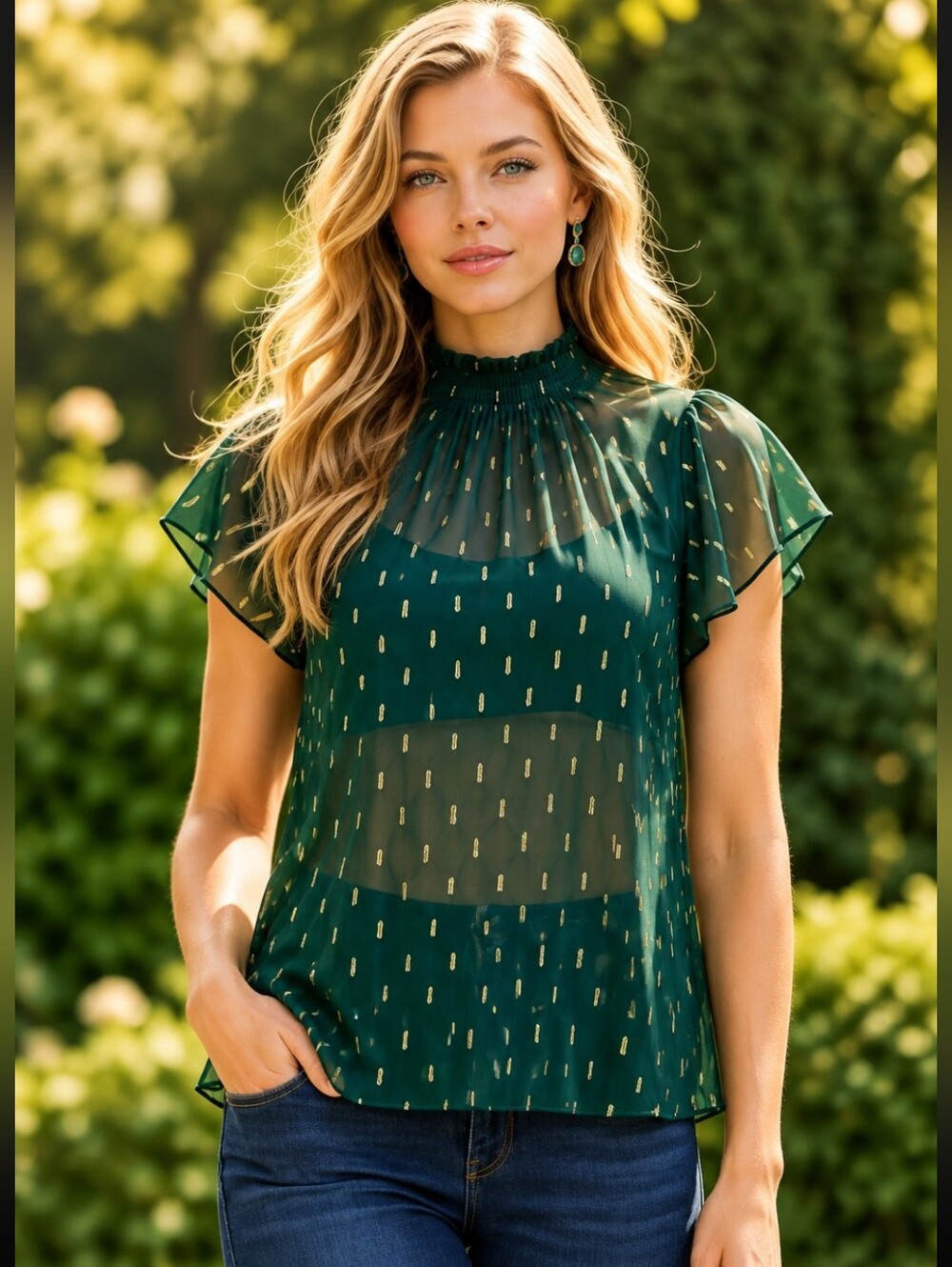 Modcloth Dark Green Metallic Dot Sheer Blouse Flutter Sleeves Women's Size 1X
